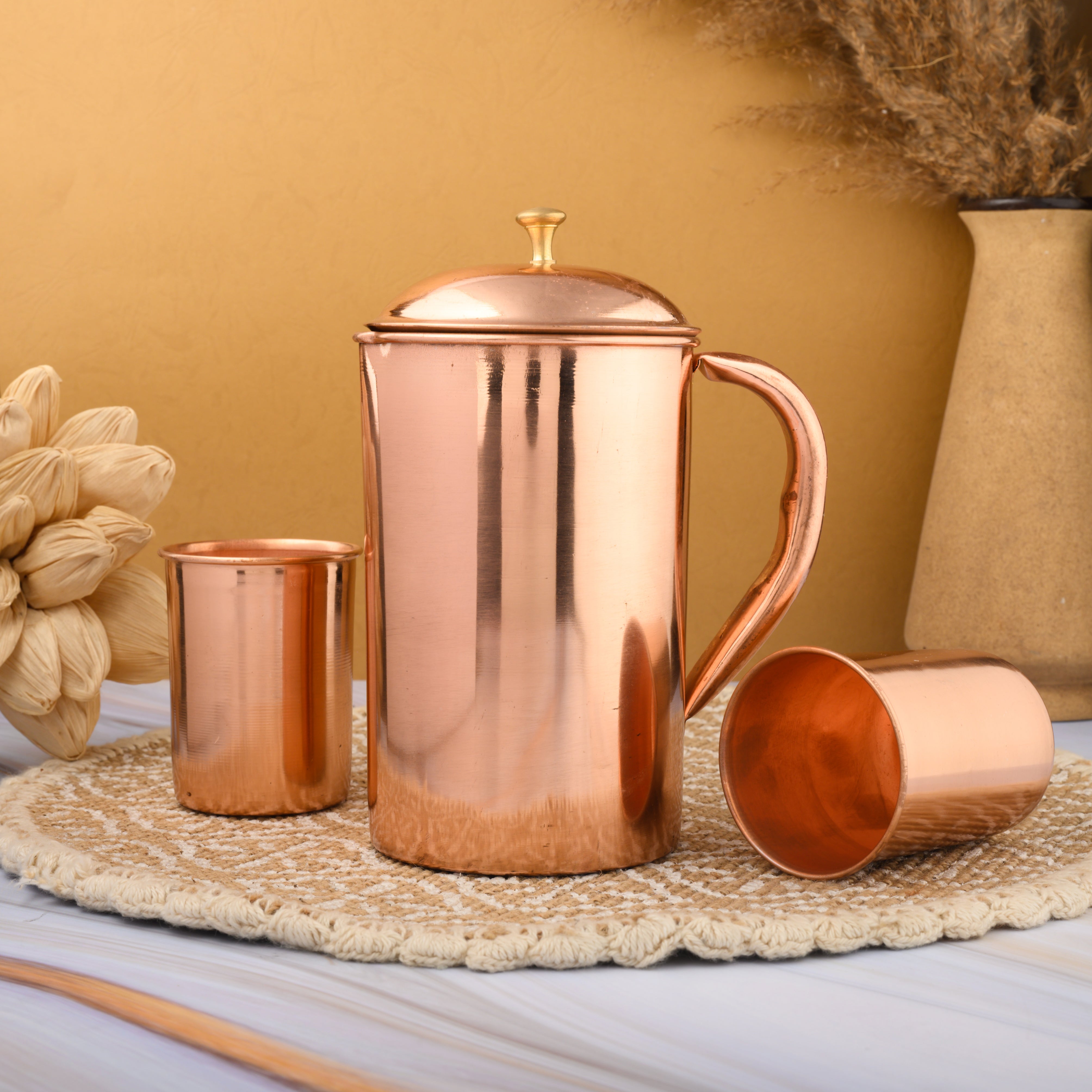 Copper Jar with 2 Glass Set – Pure Copper Jug (1L) | Glossy Finish